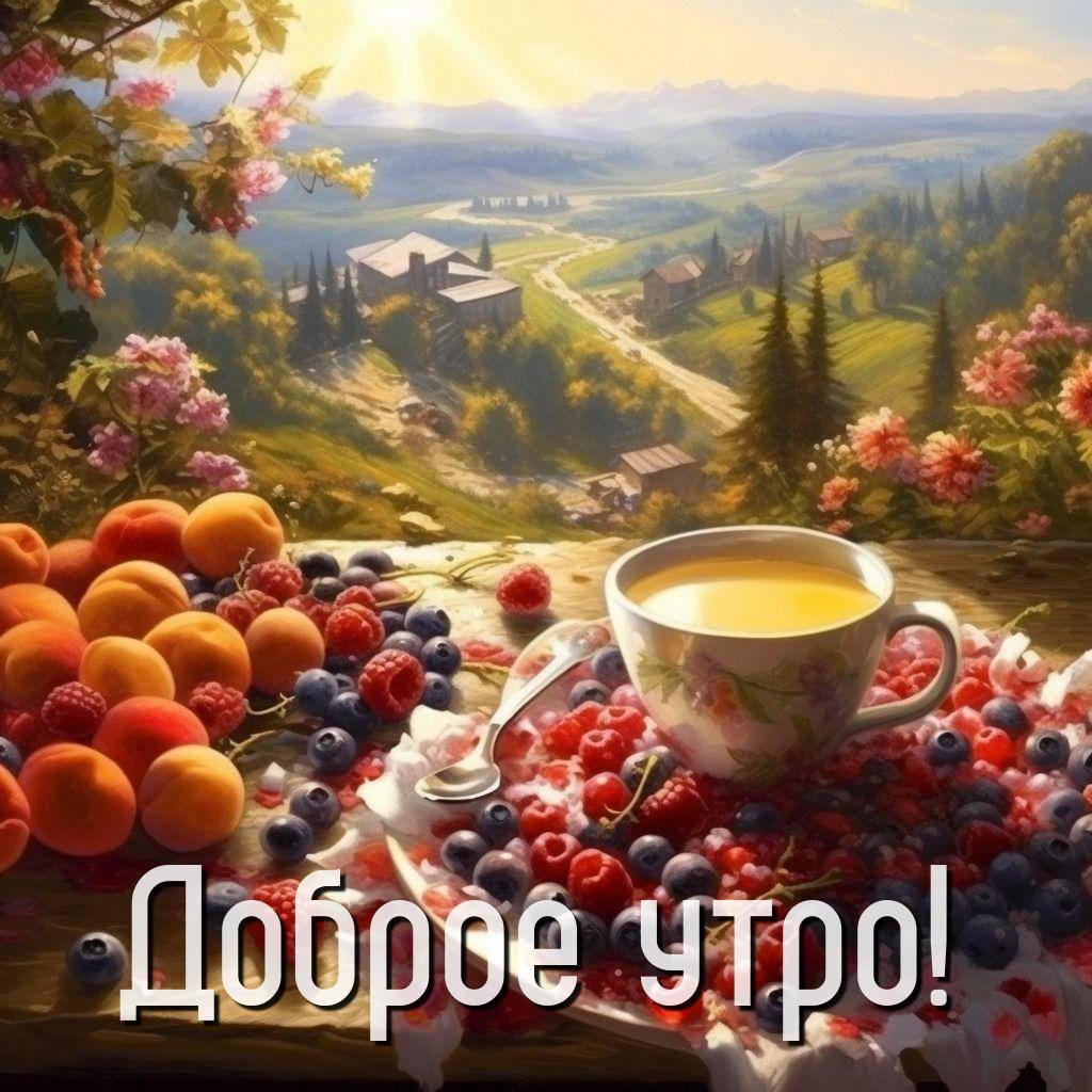 Утро, натюрморт с чаем и ягодами, на заднем плане пейзаж