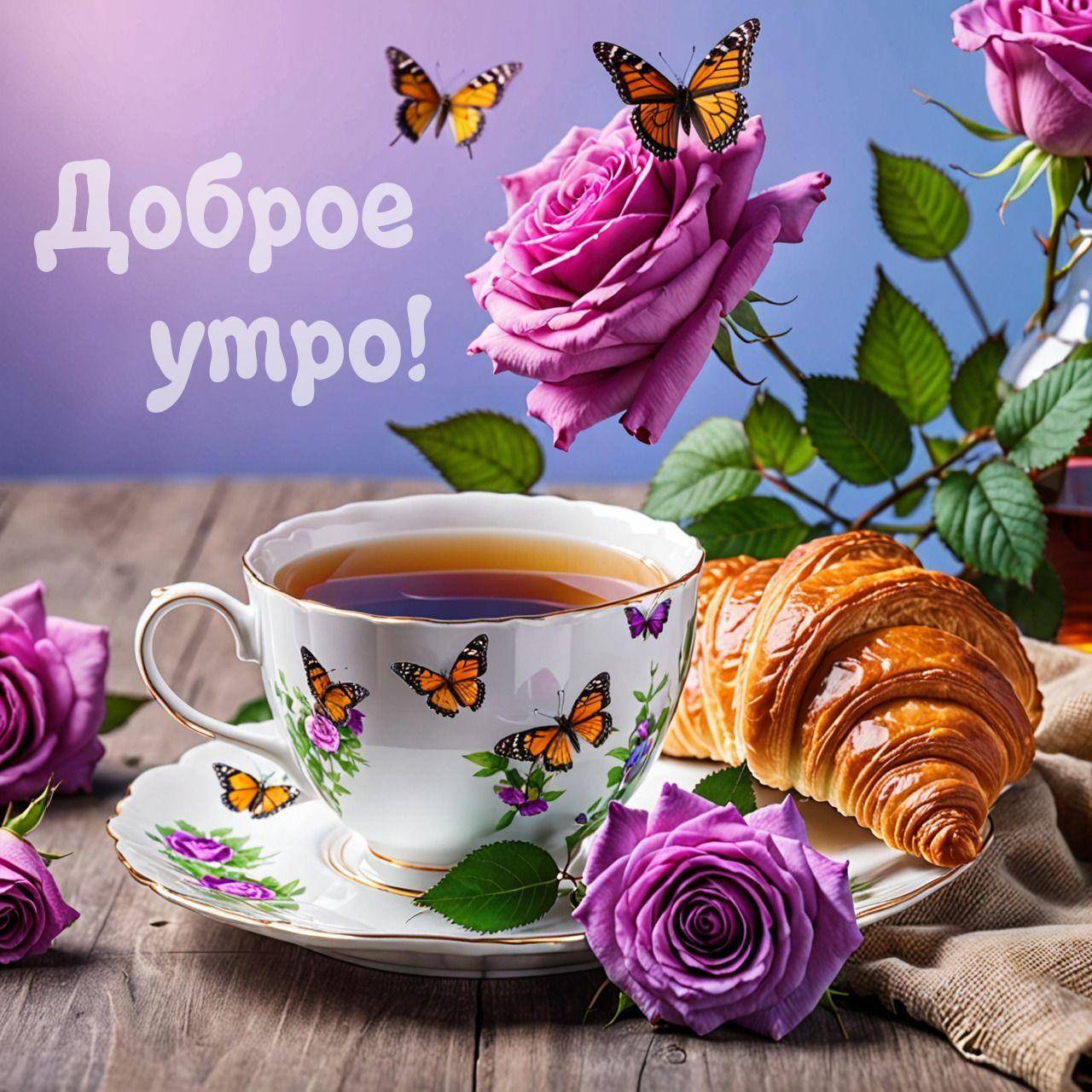 Утро, натюрморт с чаем, круассаном и розами