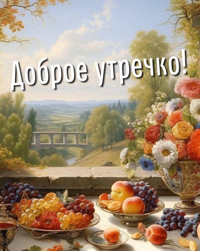Утро, натюрморт с фруктами и пасторальным пейзажем