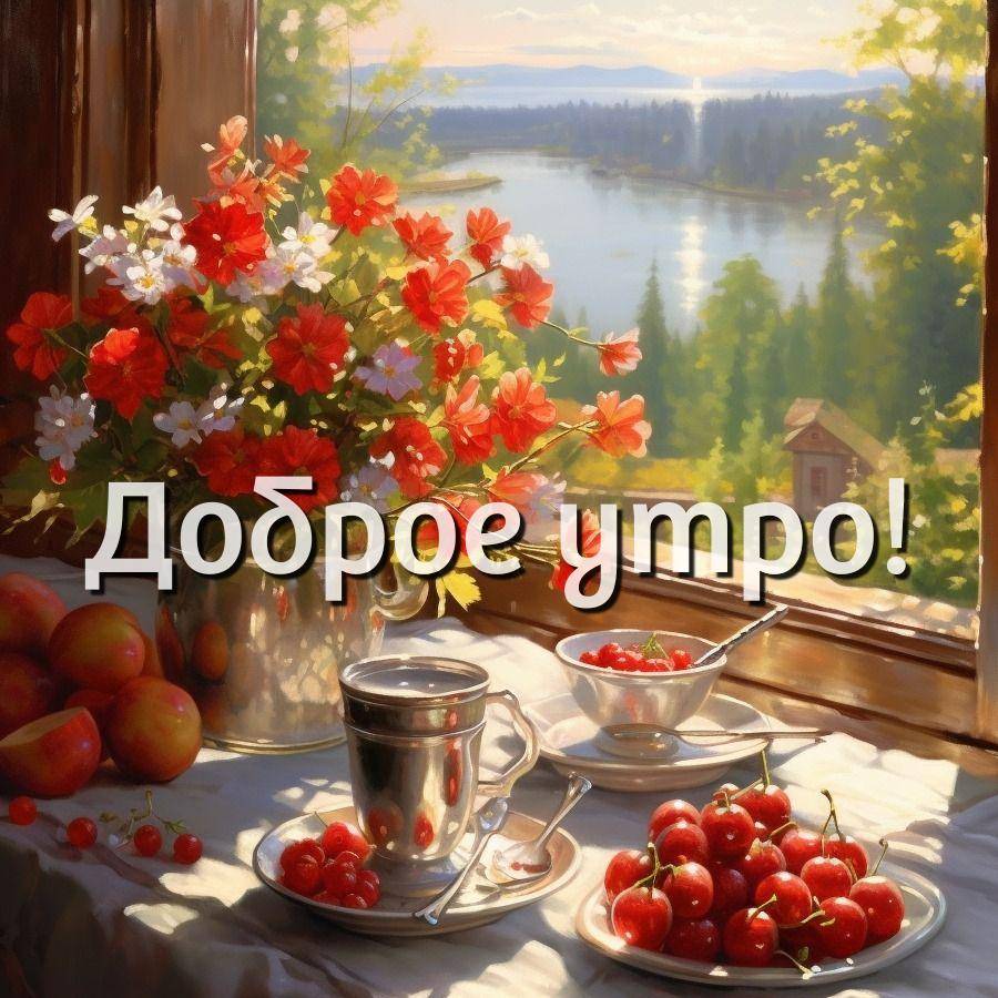 Утро, натюрморт с цветами, чашкой и яблоками на фоне летнего пейзажа