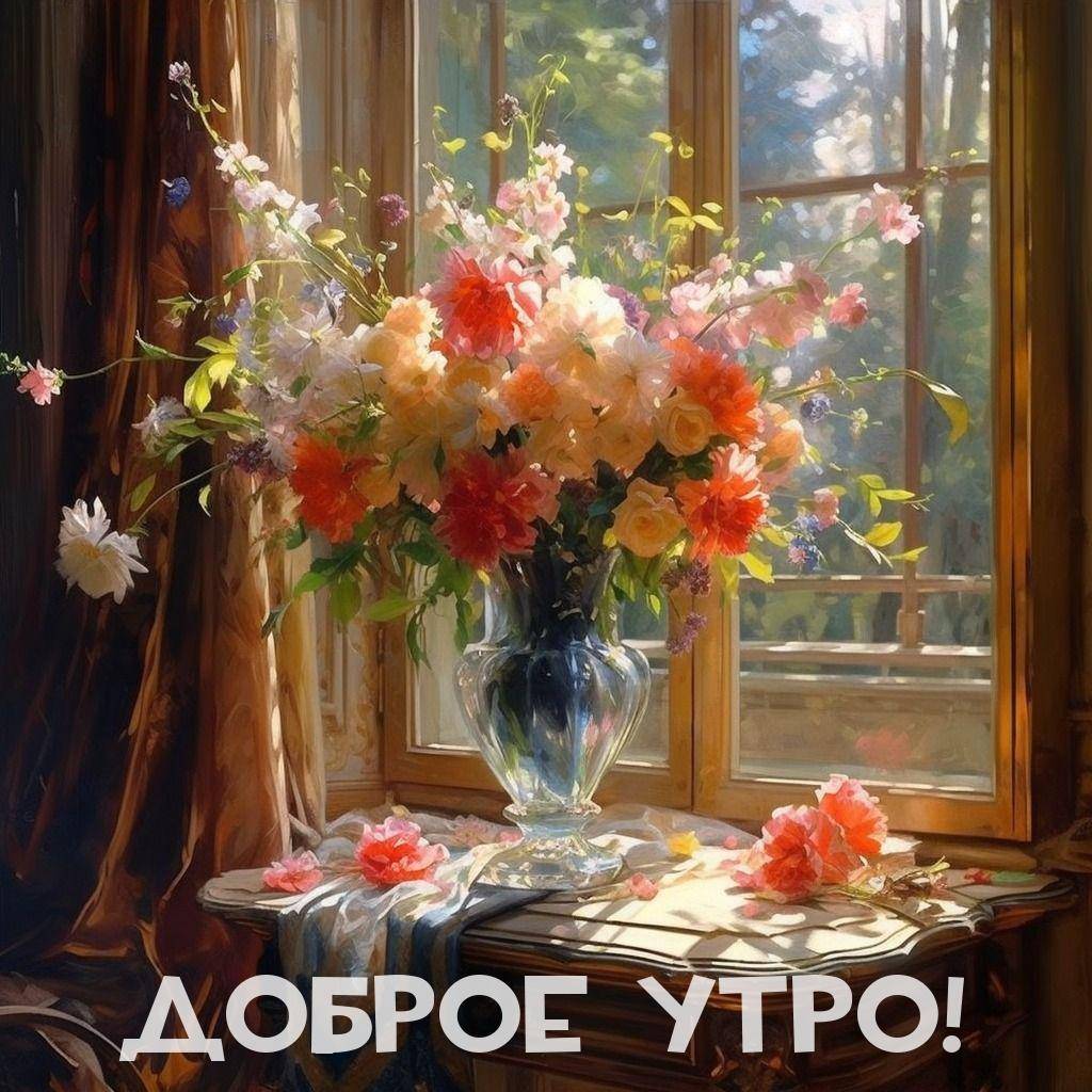 Утро, натюрморт с вазой и цветами на столе