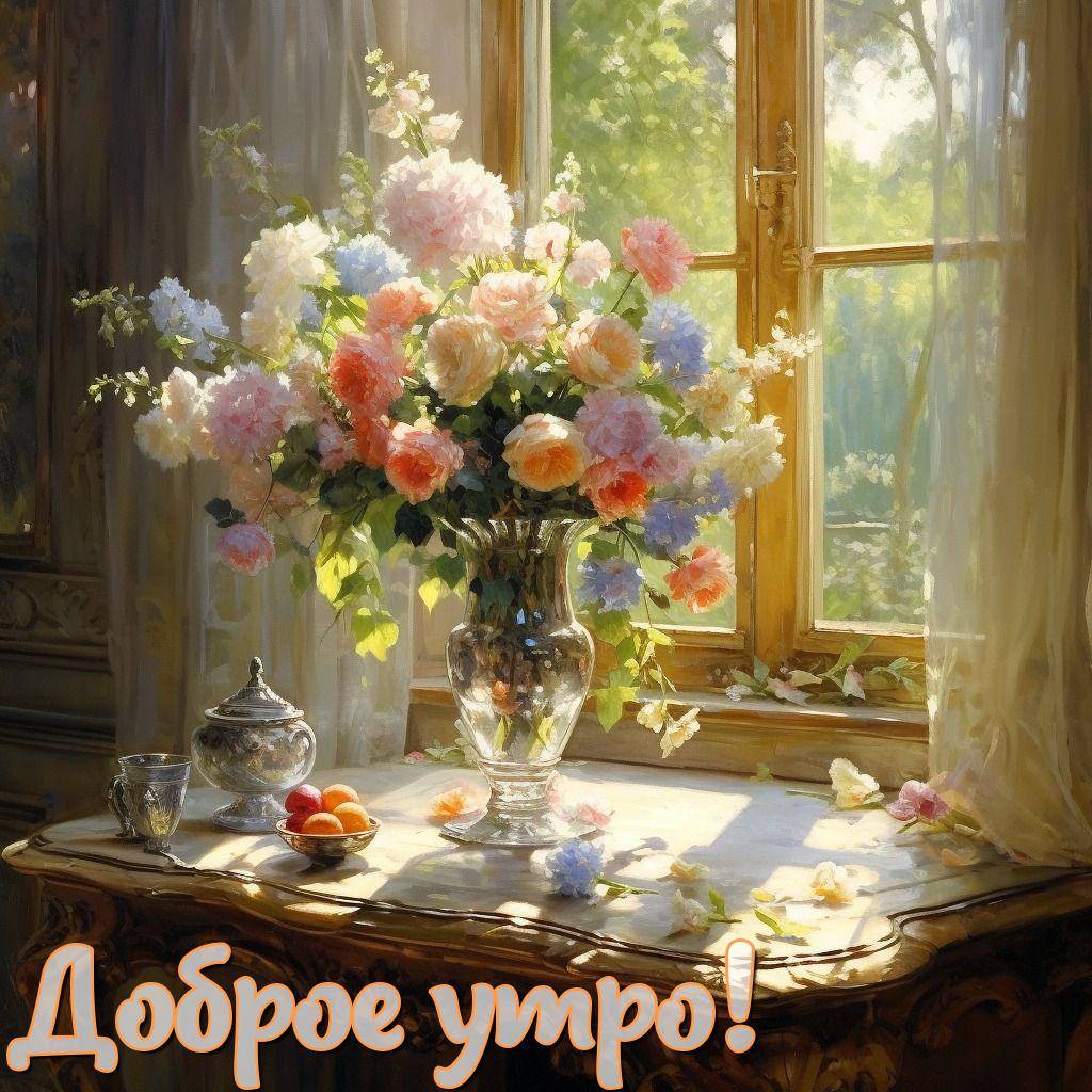 Утро, натюрморт с вазой, цветами и фруктами