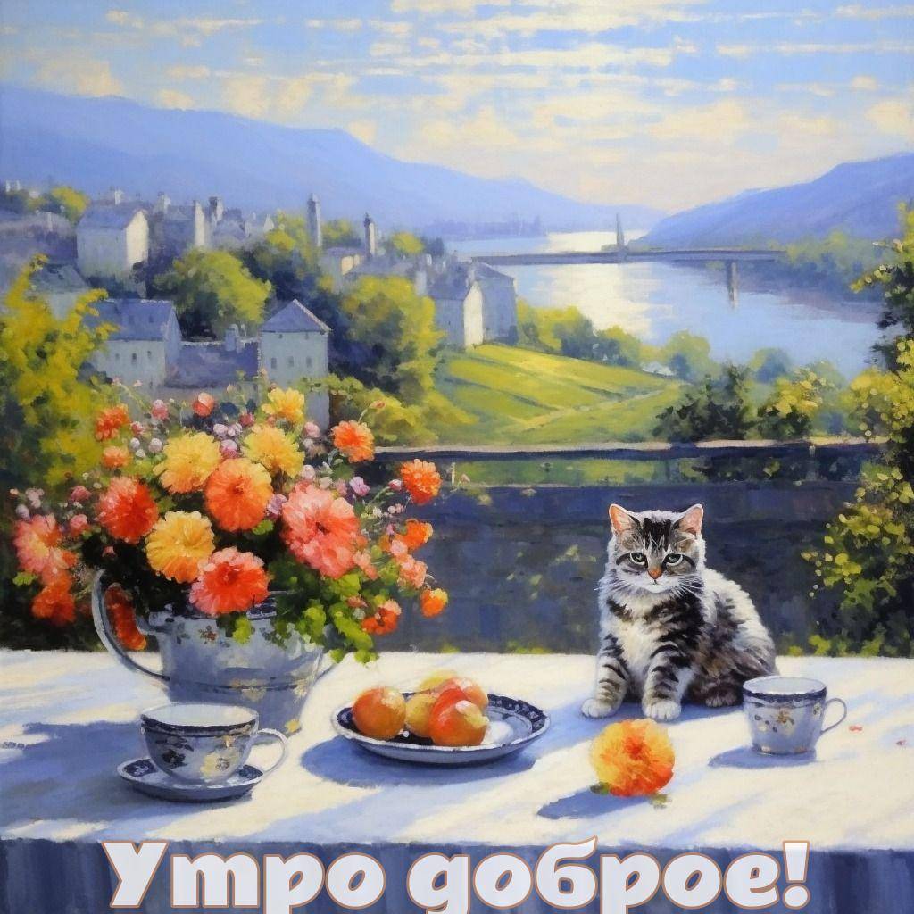 Утро, натюрморт с вазой, цветами, яблоками и котёнком