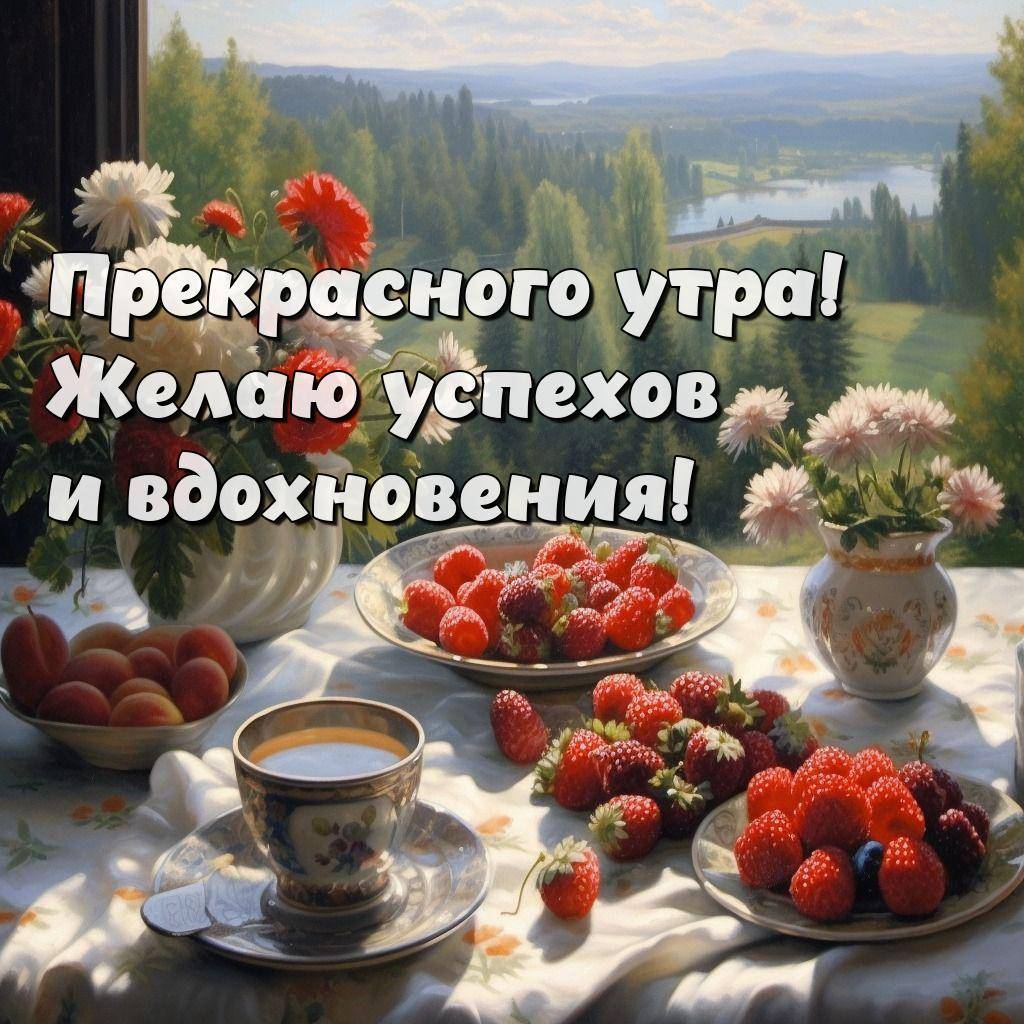 Утро, натюрморт: вазы с цветами, ягоды на столе