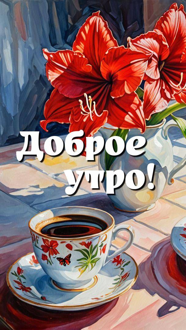 Утро, несколько ярко-красных цветов в керамическом сосуде с чашкой кофе на столе