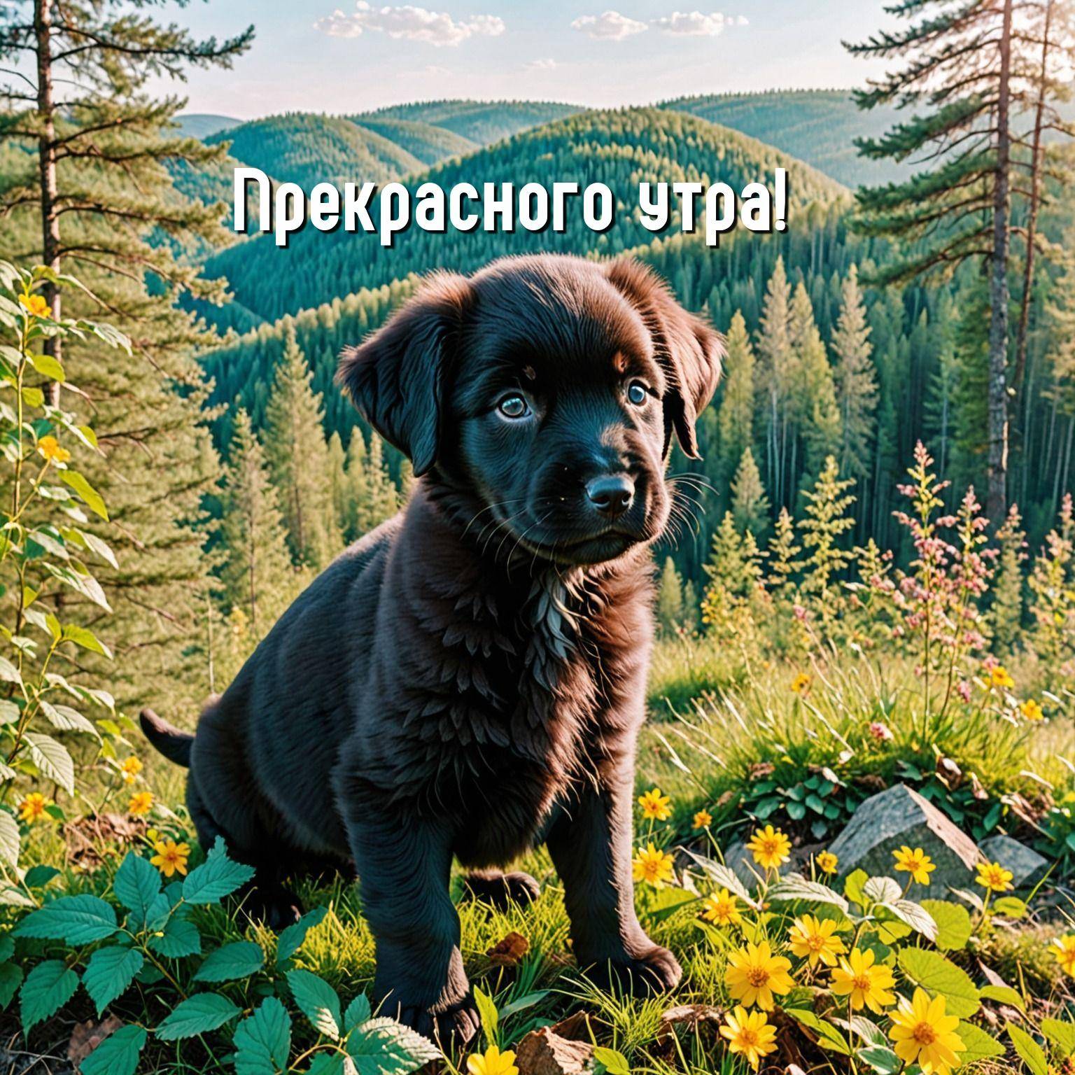 Утро, очаровательный черный щенок на зелёной траве