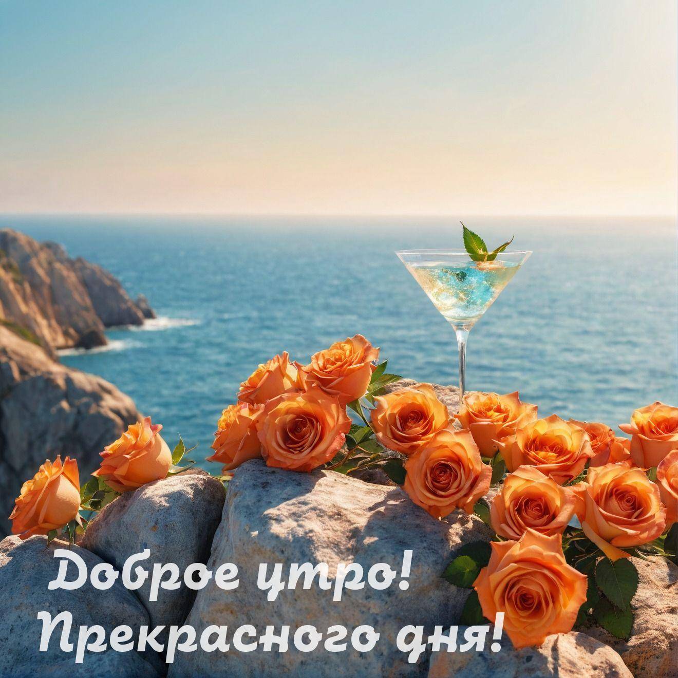 Утро, оранжевые розы и бокал мартини на фоне моря