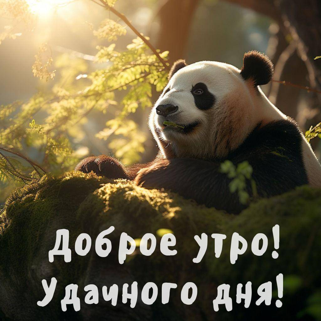 Утро, панда лежит на мхом камне среди зелени