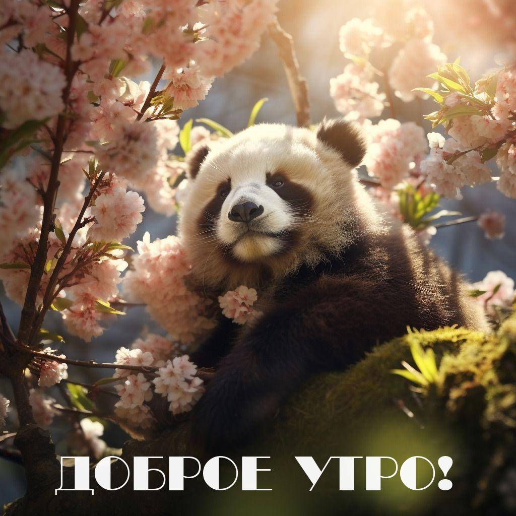 Утро, панда на дереве, окруженная цветущими ветвями
