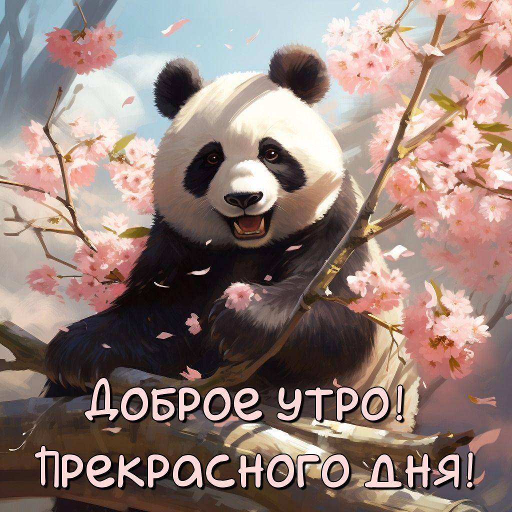 Утро, панда среди ветвей сакуры с цветами.