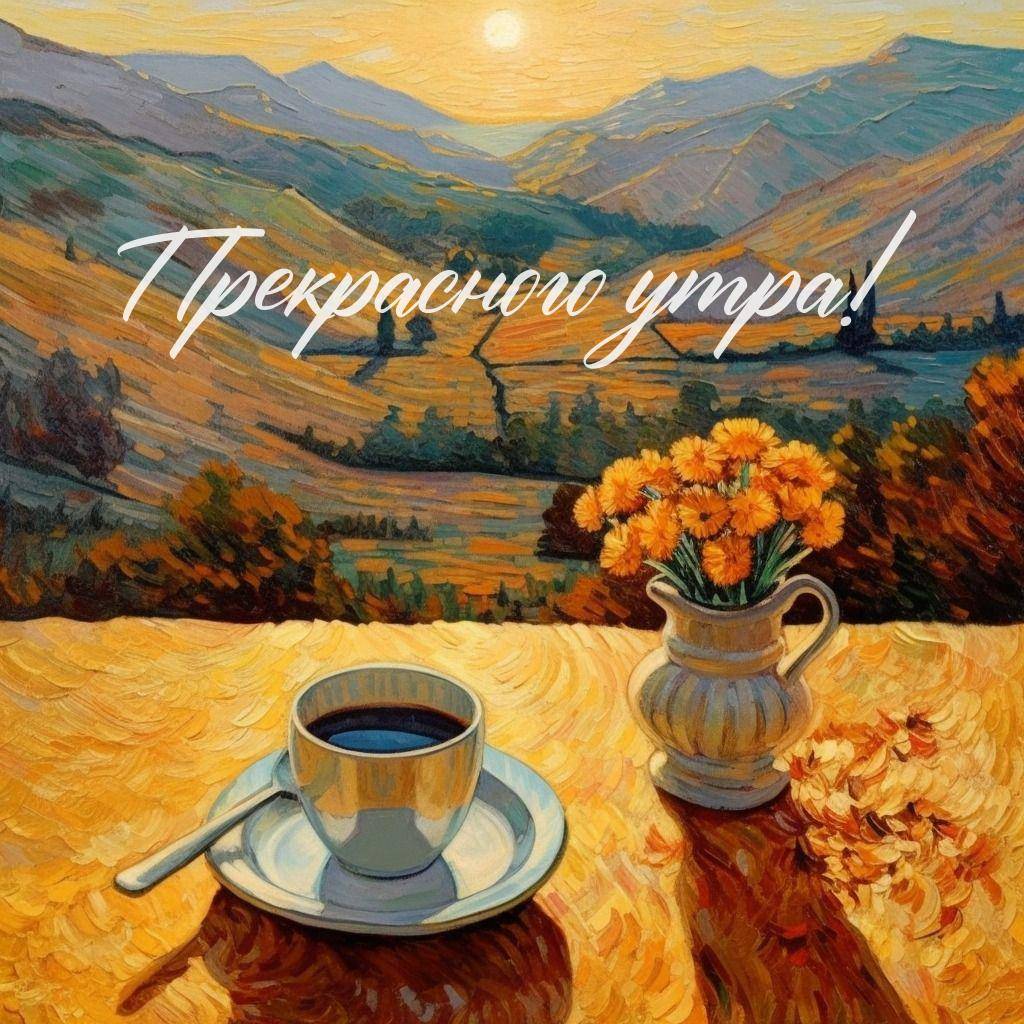 Утро, пейзаж с чашкой, вазой и горами в стиле импрессионизм