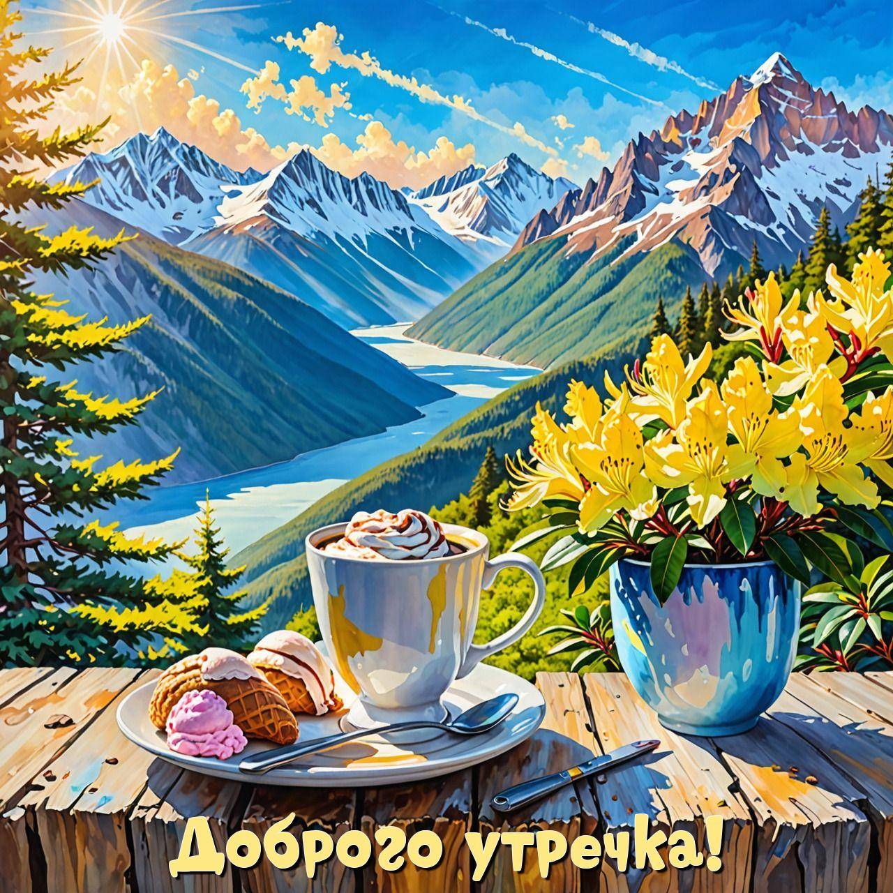 Утро, пейзаж с горной рекой и десертом на столе