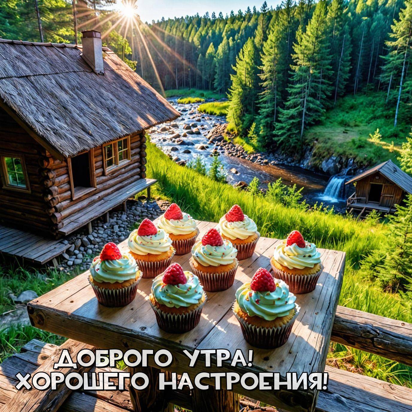 Утро, пейзаж с хижиной и кексами на столе
