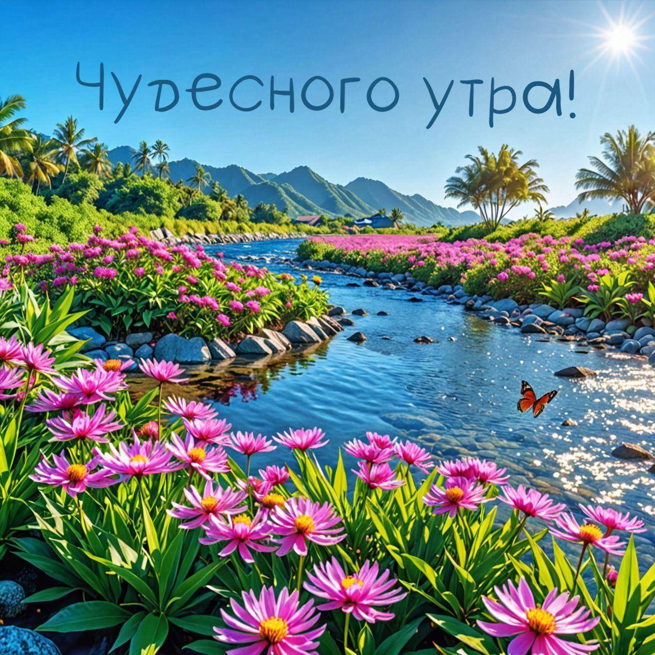 Утро, пейзаж с рекой и яркими розовыми цветами
