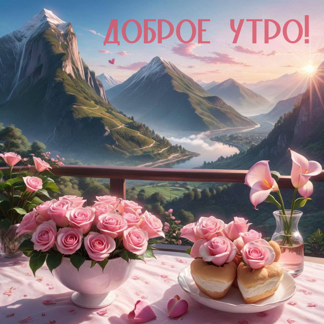 Утро, пейзаж с розами, каллами и пирожными