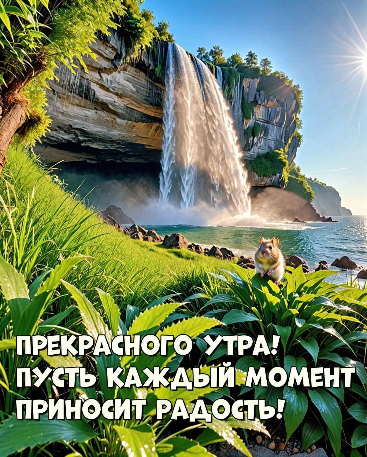 Утро, пейзаж с водопадом и хомяком на кусте