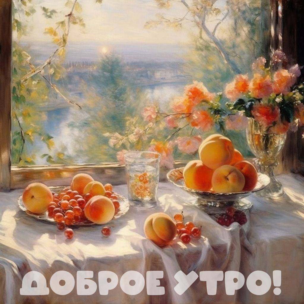 Утро, персики и красная смородина на тарелках, стеклянный бокал