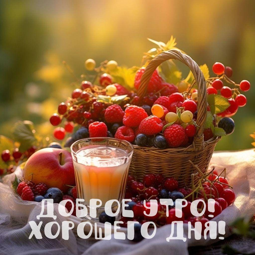 Утро, плетёная корзина с ягодами и фруктами
