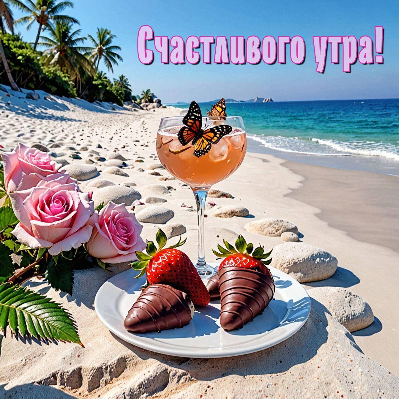 Утро, пляж, бокал с розовым напитком и бабочками
