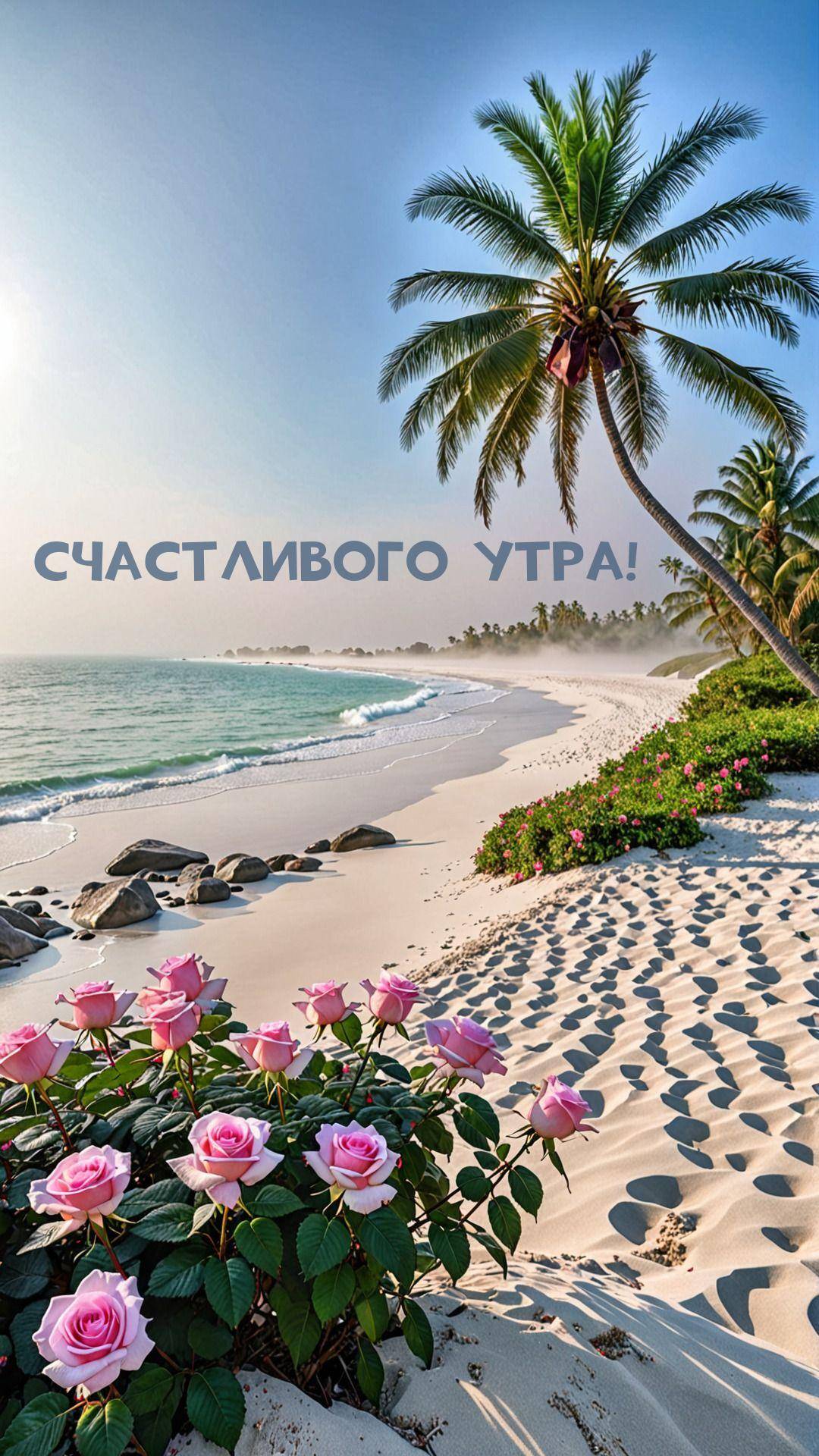 Утро, пляж, кусты с розами, пальмы