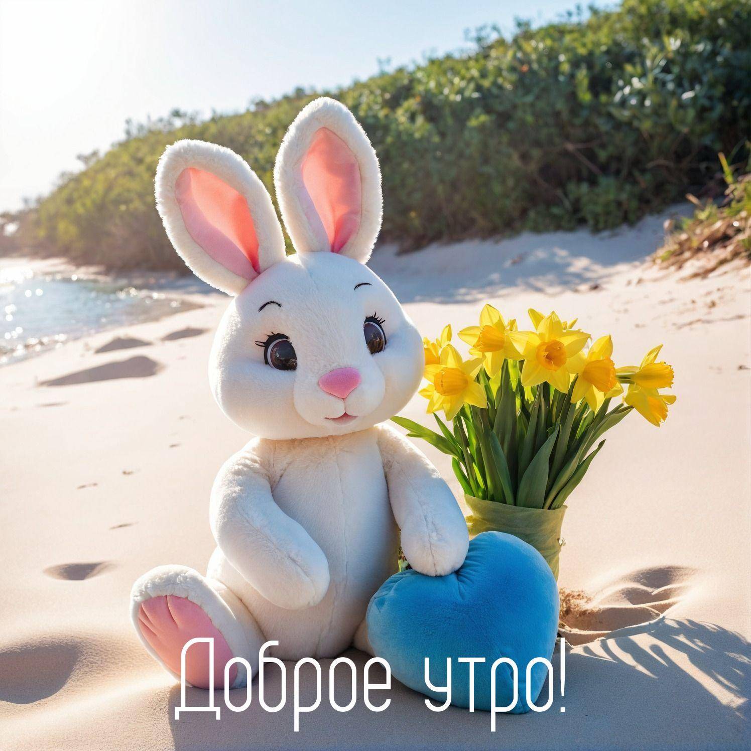 Утро, плюшевый белый кролик на пляже с нарциссами и сердцем