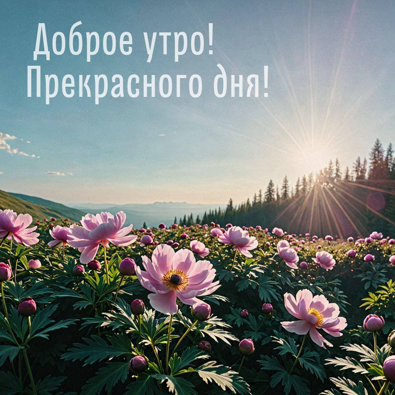 Утро, поле с цветущими пионами, зелеными листьями и лесом на фоне