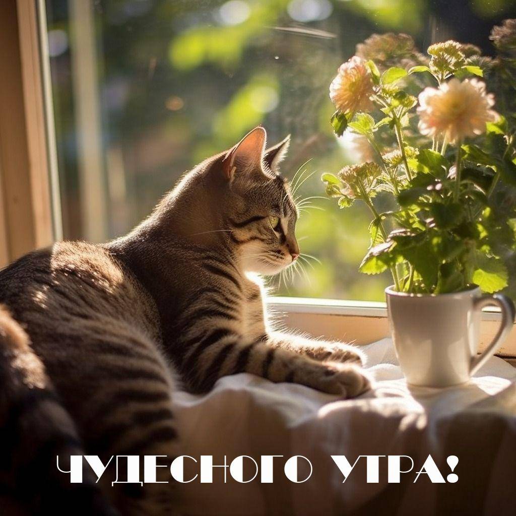 Утро, полосатый кот на подоконнике с растением