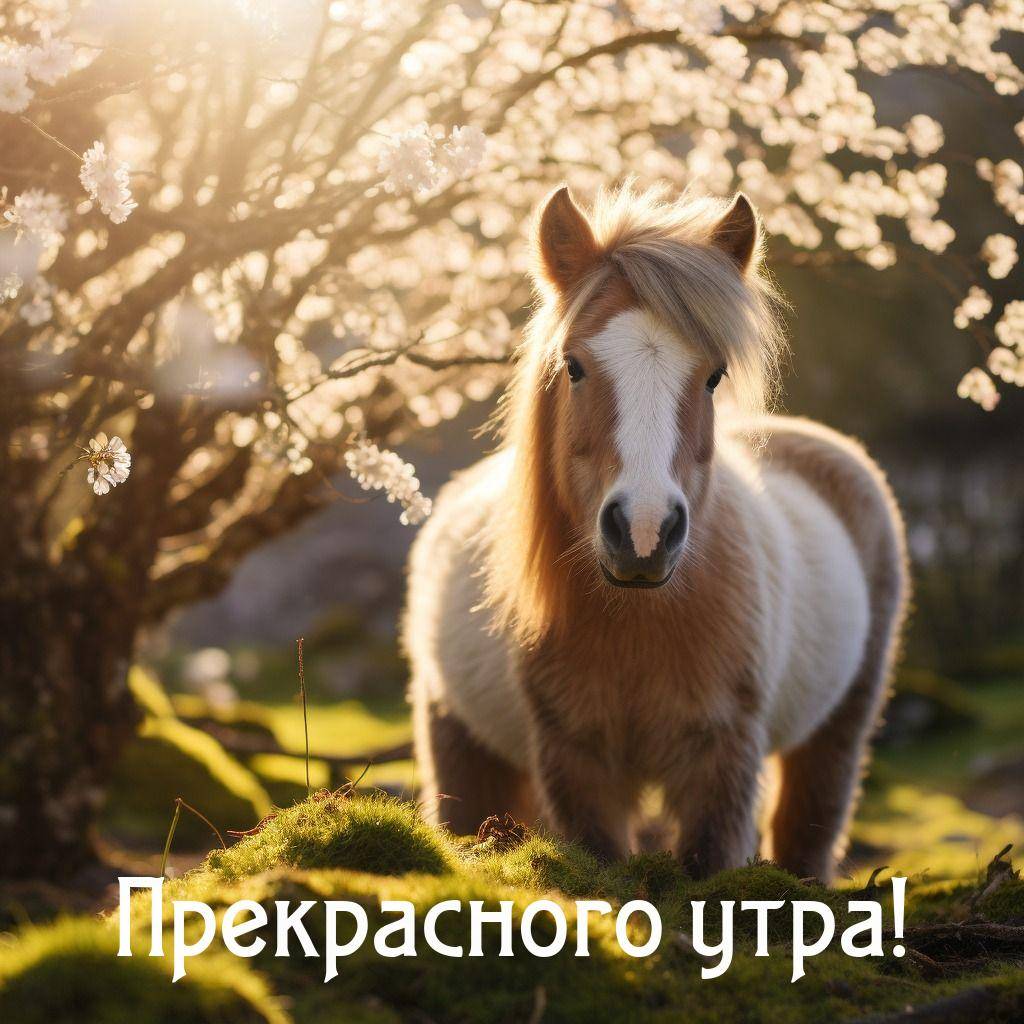 Утро, пони на мшистой земле, дерево с цветами на заднем плане