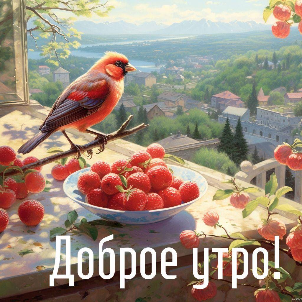 Утро, птица на ветке с тарелкой красных ягод