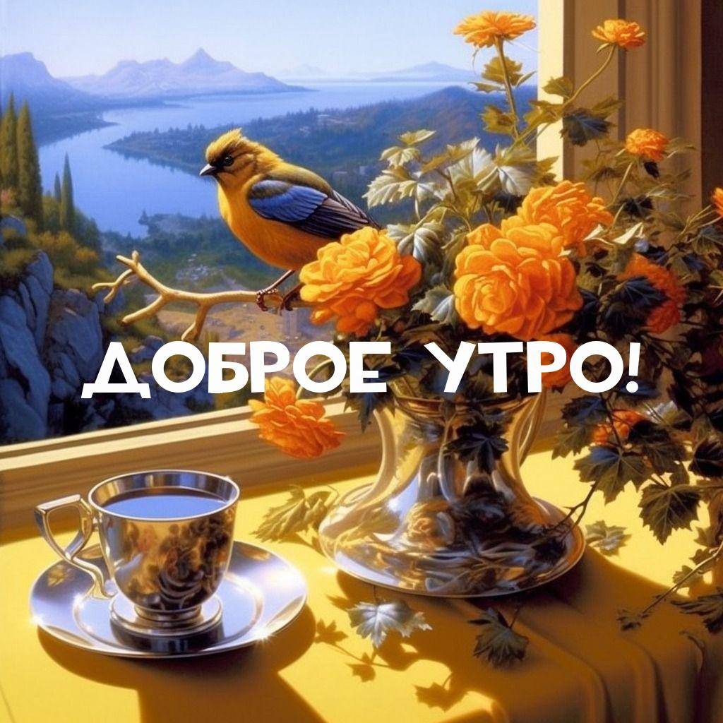 Утро, птица на ветке, ваза с розами и чашка на фоне природы