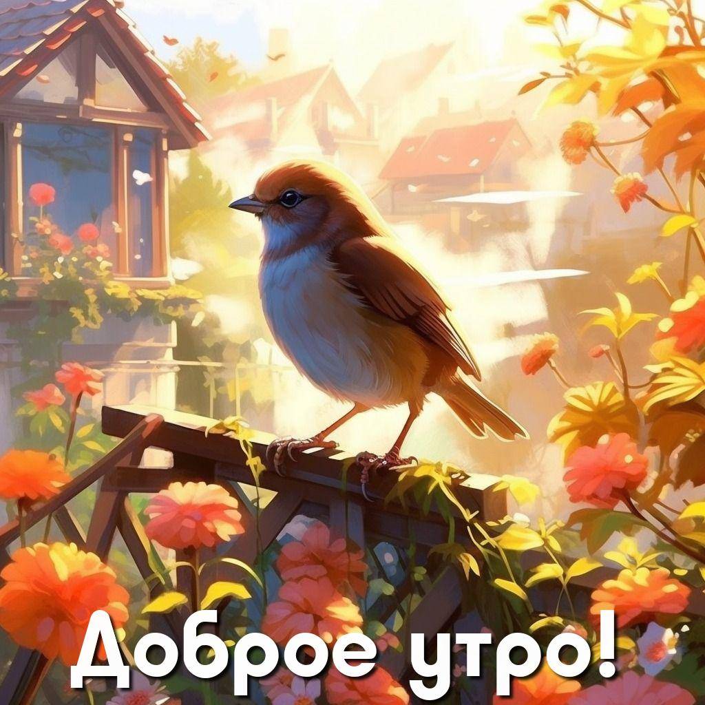 Утро, птица на заборе среди цветов
