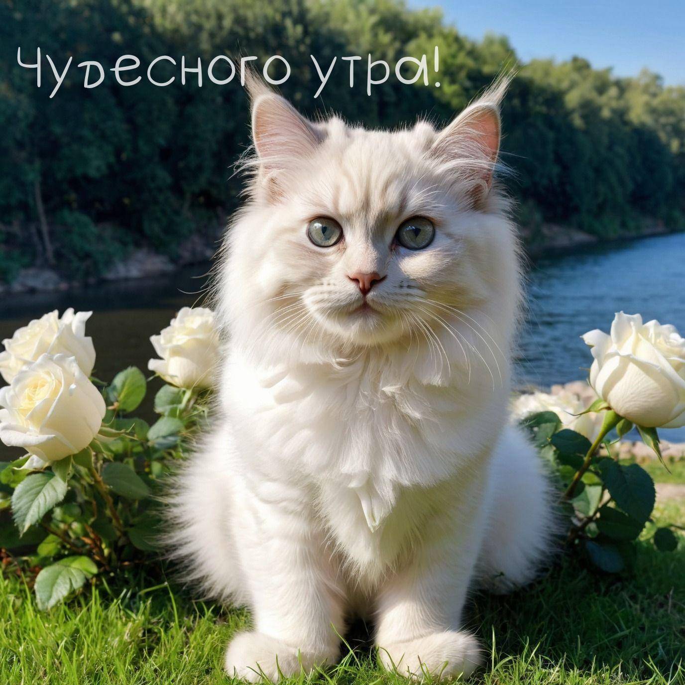 Утро, пушистый белый кот с голубыми глазами на траве