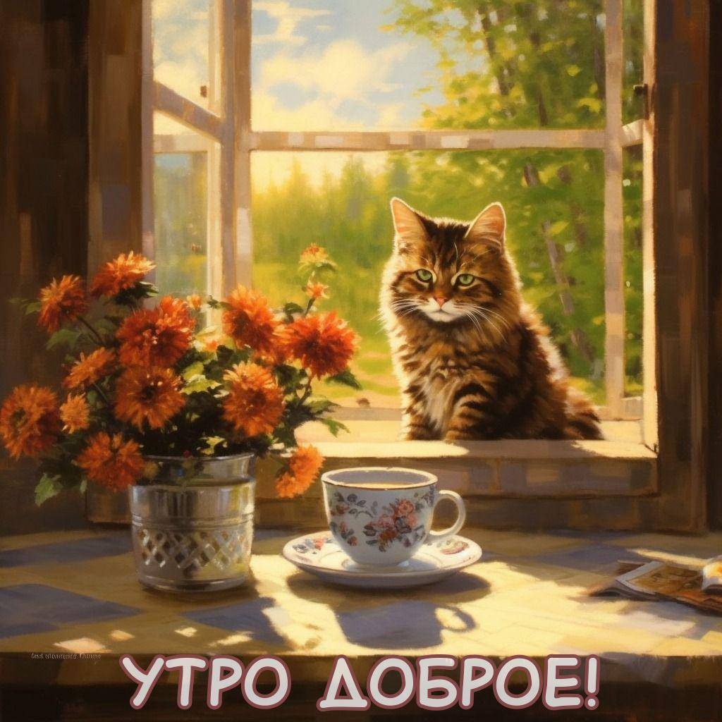 Утро, пушистый кот на фоне окна с букетом оранжевых цветов