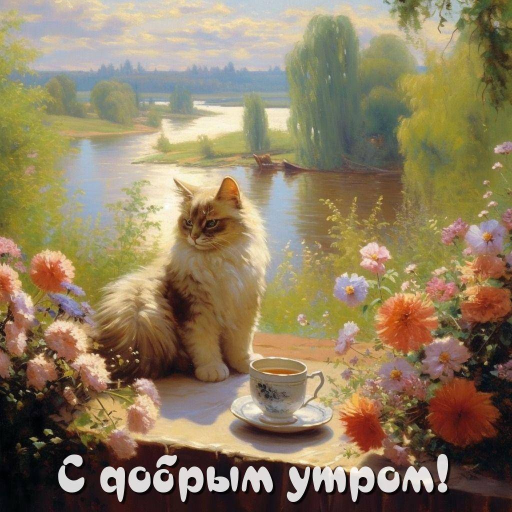 Утро, пушистый кот на столе с цветами и чашкой чая