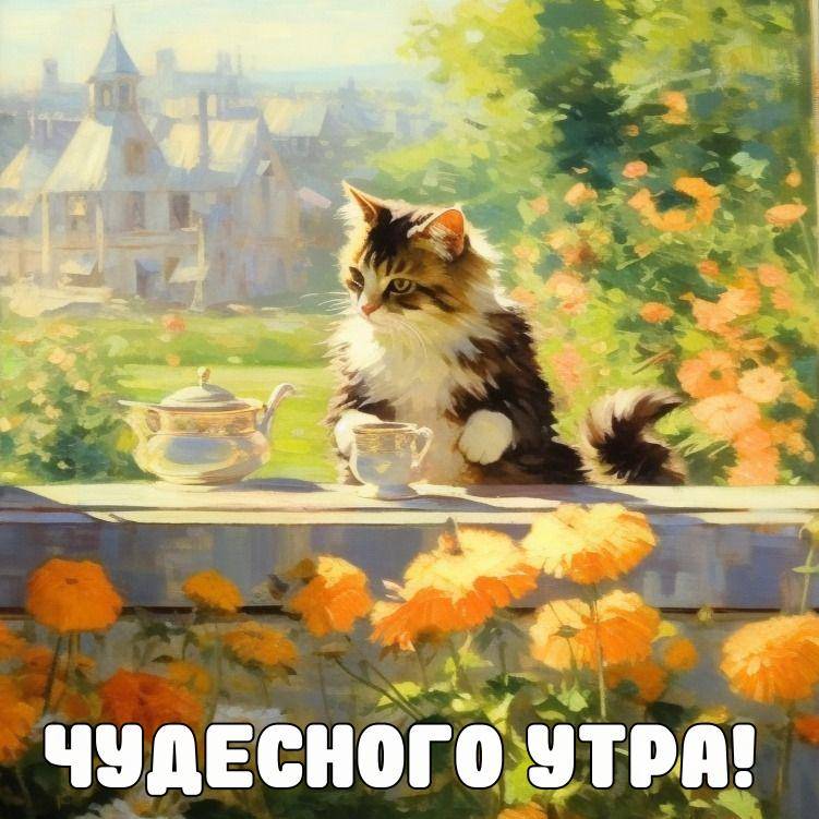 Утро, пушистый кот с чайным сервизом на парапете
