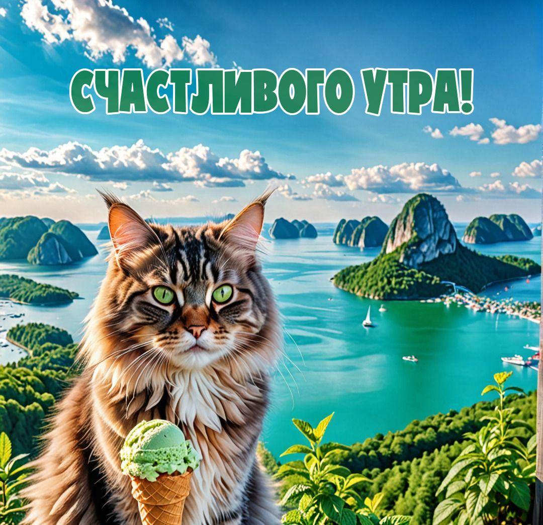 Утро, пушистый кот с мороженым на фоне моря