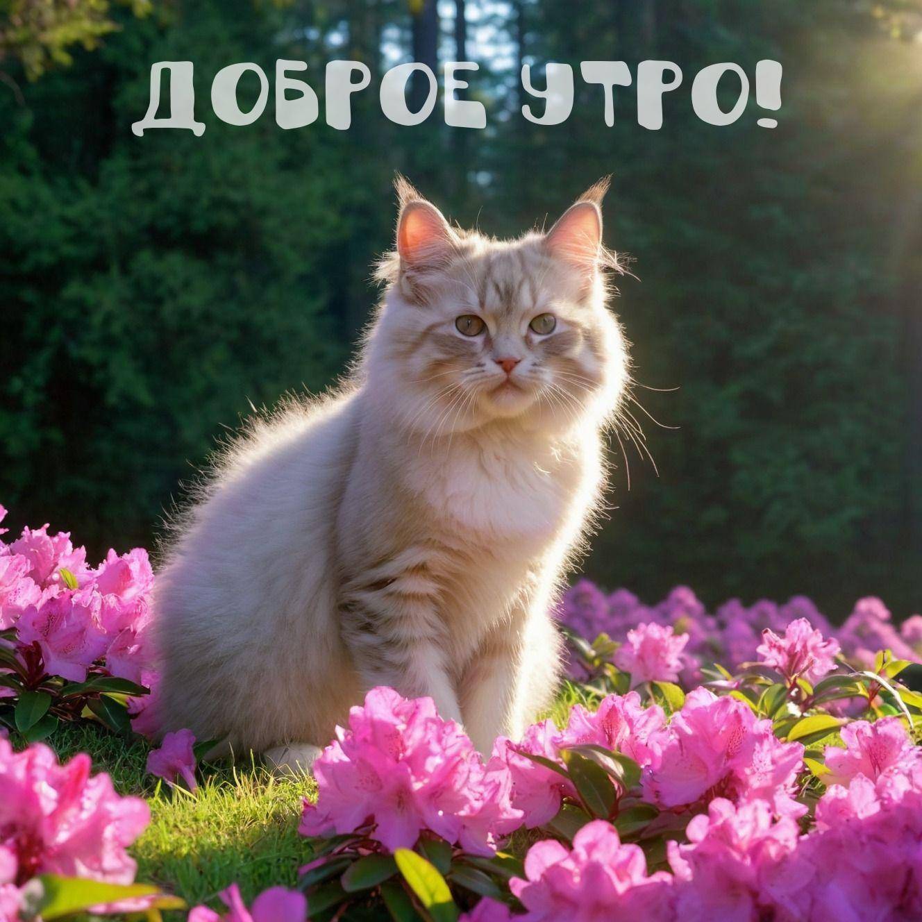 Утро, пушистый кот светлого окраса среди цветов