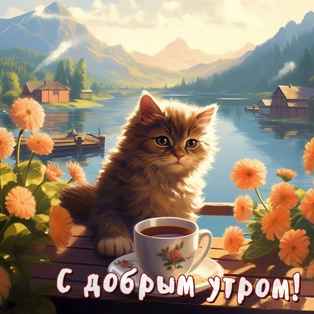 Утро, пушистый котенок и чай на фоне пейзажа