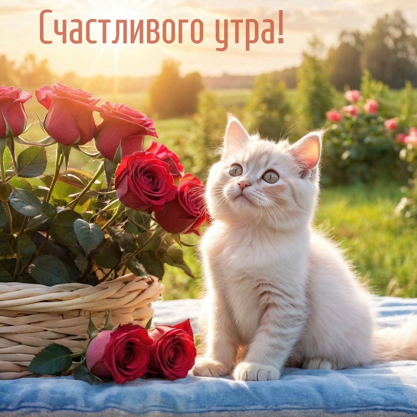 Утро, пушистый котёнок на синем покрывале, рядом розы