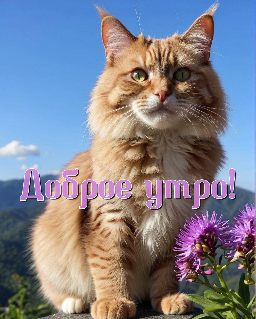 Утро, пушистый рыжий кот на улице с горами и цветами