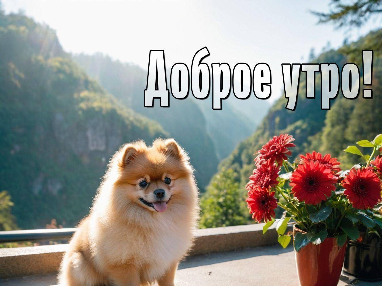 Утро, пушистый рыжий шпиц на террасе, рядом цветы