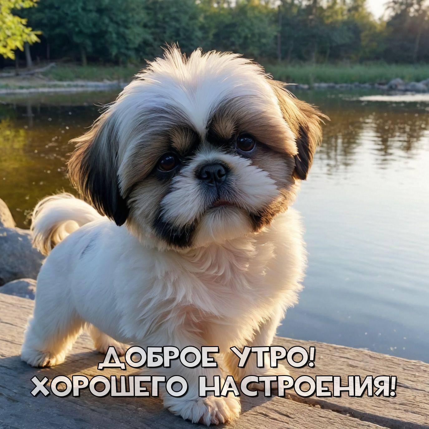 Утро, пушистый щенок на деревянной поверхности у водоема