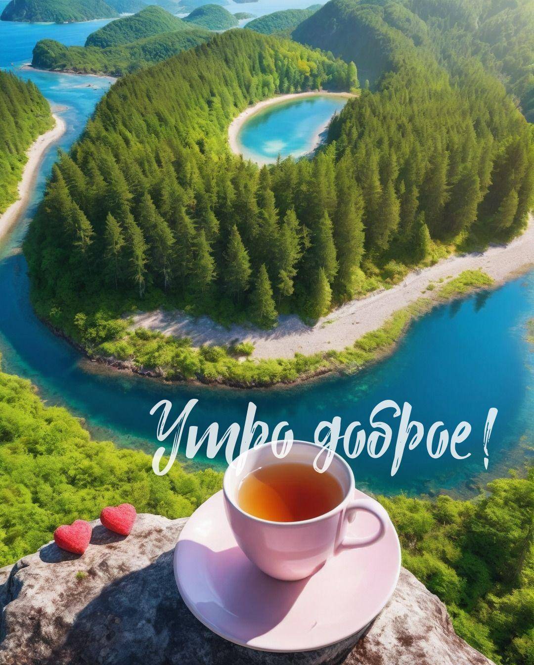 Утро, речная долина и чашка чая на камне с сердечками