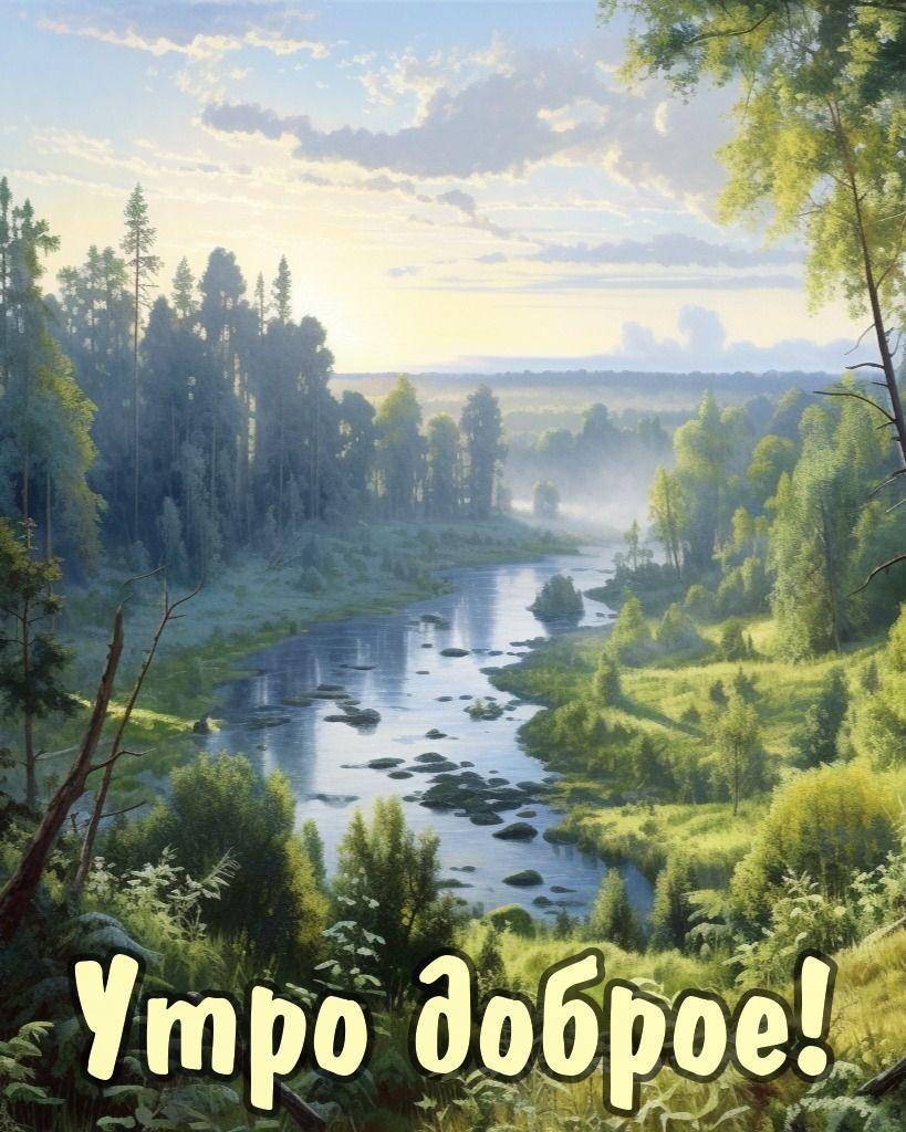 Утро, река извивается по долине, окружённой лесами