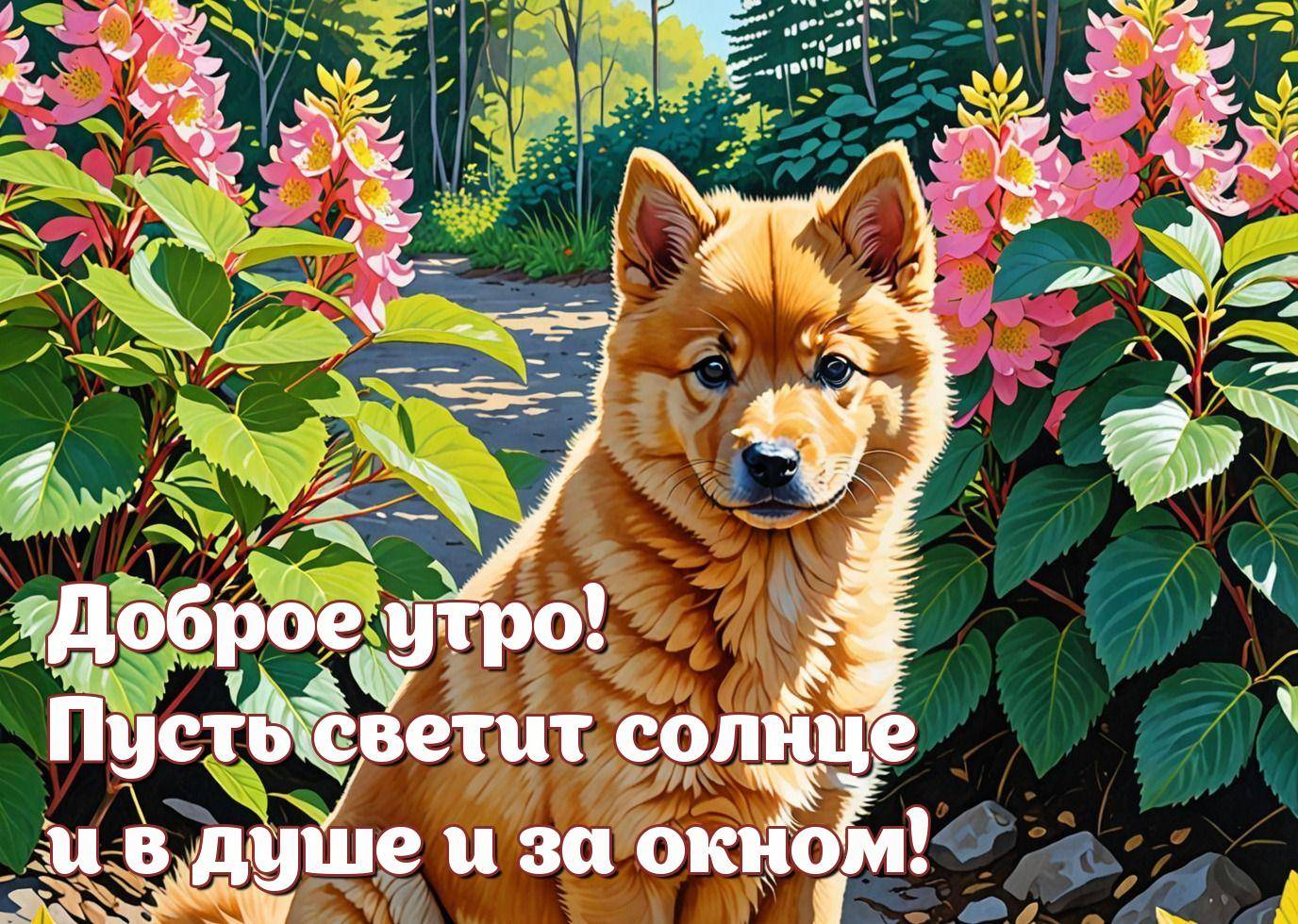 Утро, рыжая собака сидит на дорожке в саду