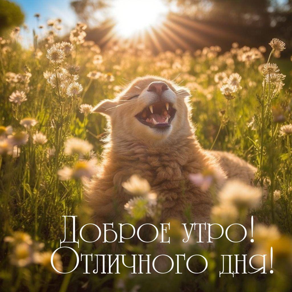 Утро, рыжий кот лежит в траве среди ромашек