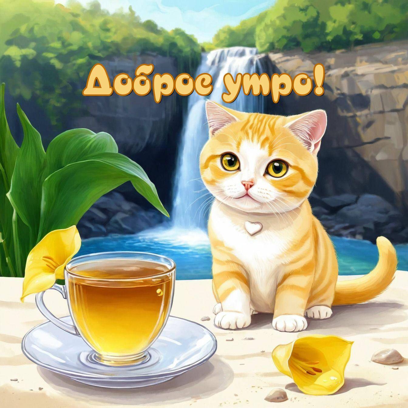 Утро, рыжий кот перед чашкой чая