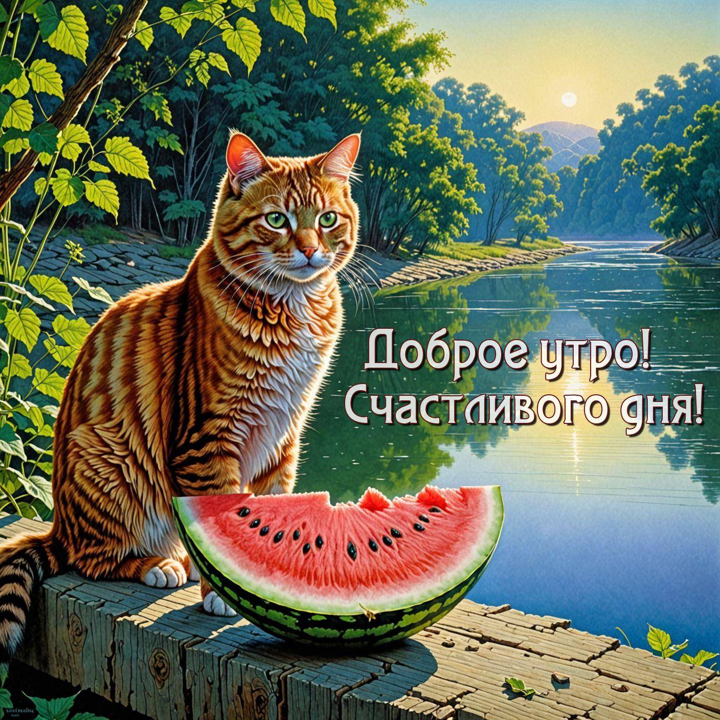 Утро, рыжий кот с арбузом на фоне пейзажа