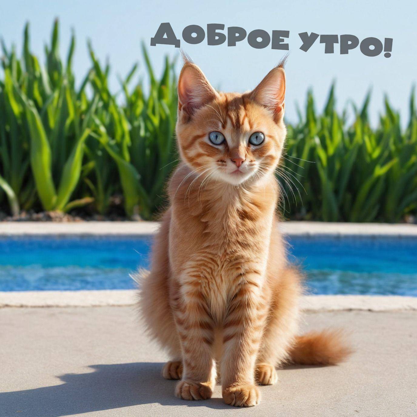 Утро, рыжий кот с голубыми глазами у бассейна