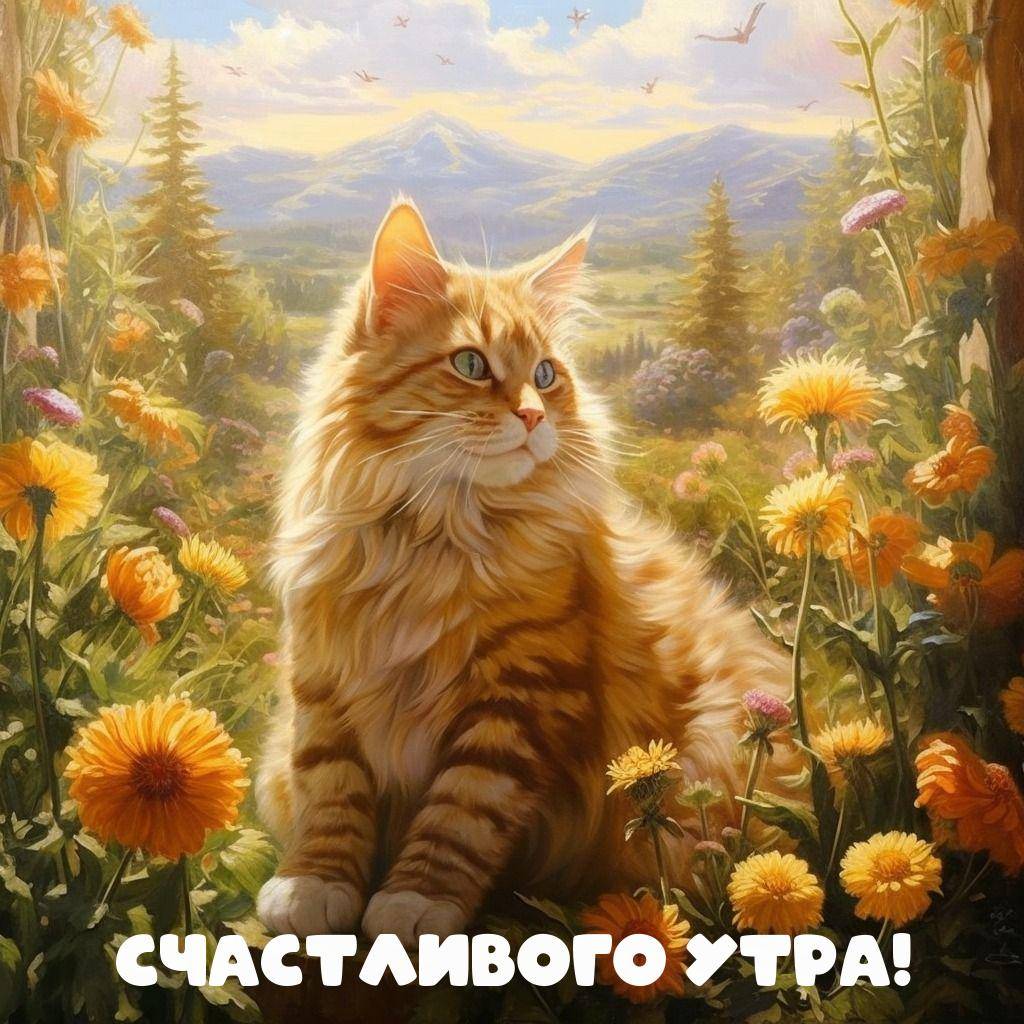 Утро, рыжий кот среди цветов в саду